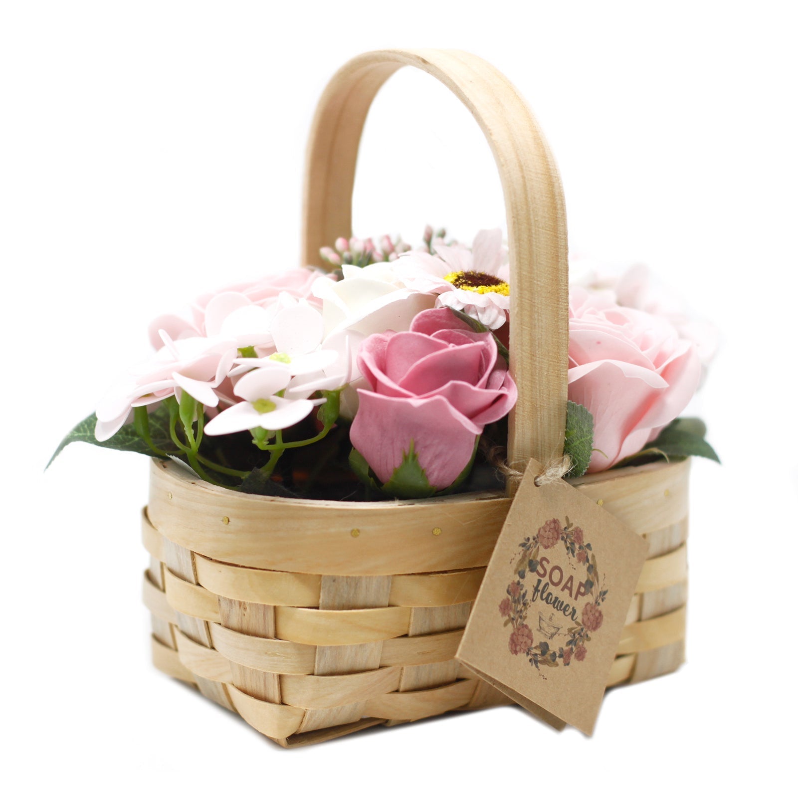 Medium Pink Bouquet of Soap Flowers in Wicker Basket - Ultrabee